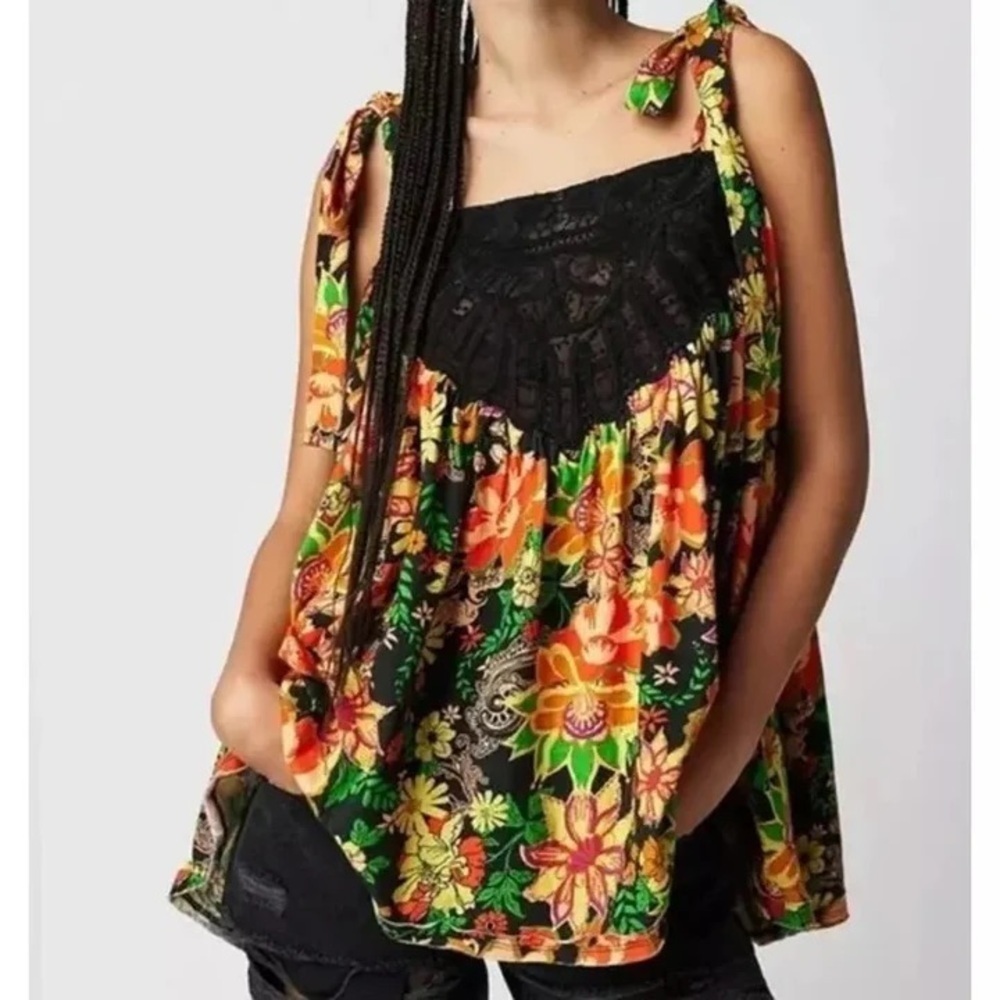 Free People Bali Moroccan Floral Printed Tunic Top Obsidian Combo Oversized S